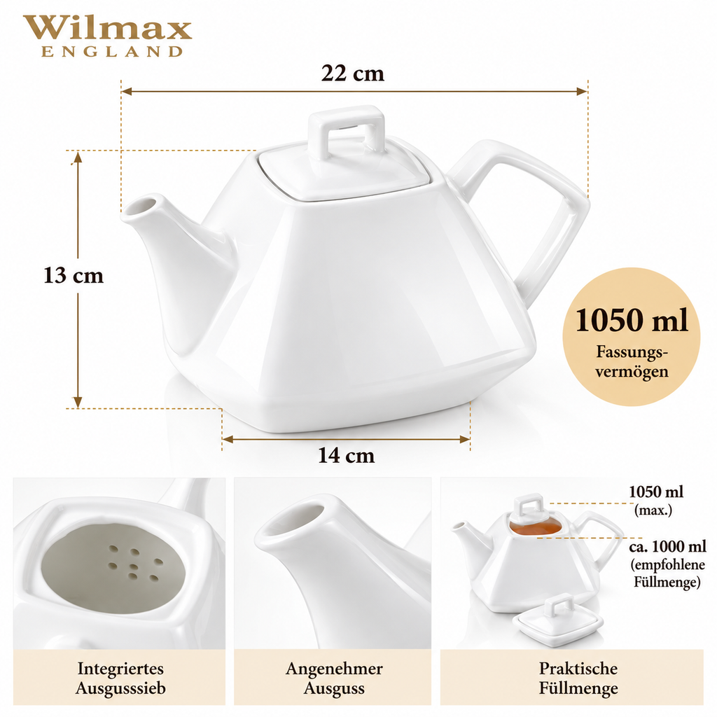 Wilmax Kaffee- und Teekanne mit integriertem Ausgusssieb 1050 ml Weiß aus Porzellan