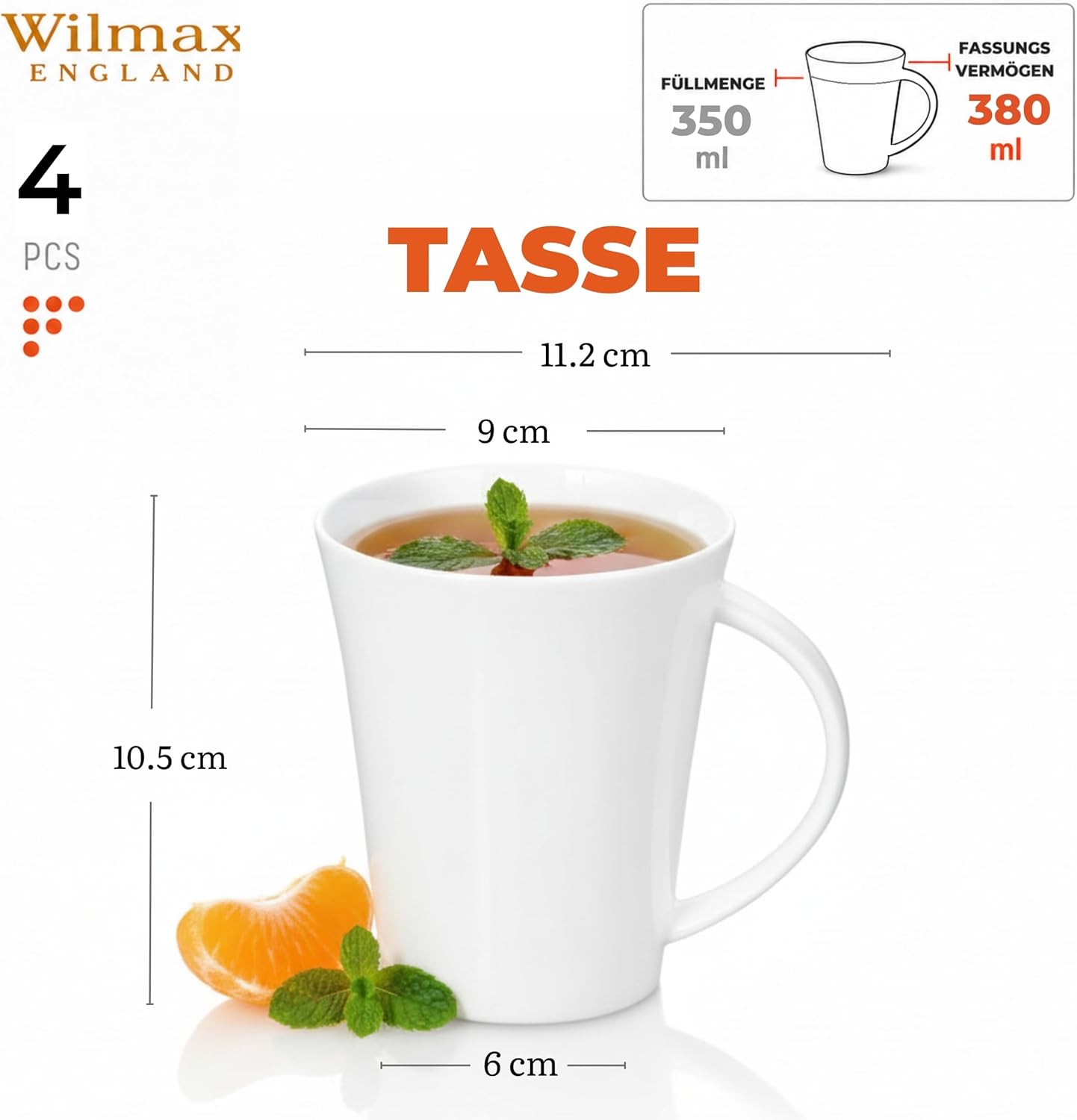 Wilmax Tasse 380 ml 4er-Set Weiß aus Porzellan
