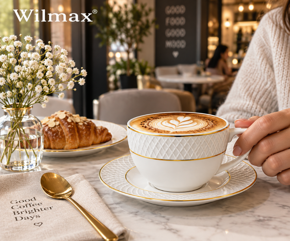 Wilmax Tasse mit Untertasse 240 ml 2er-Set Weiß mit goldfarbenem Dekor aus Porzellan