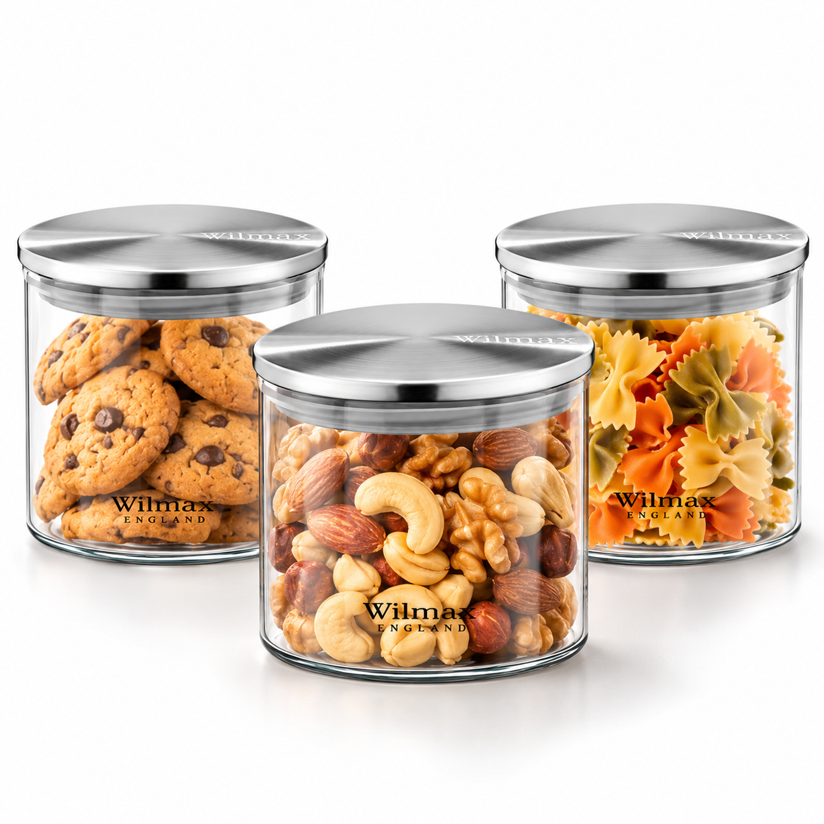 Wilmax Vorratsglas 600 ml mit Edelstahldeckel 3er-Set Transparent