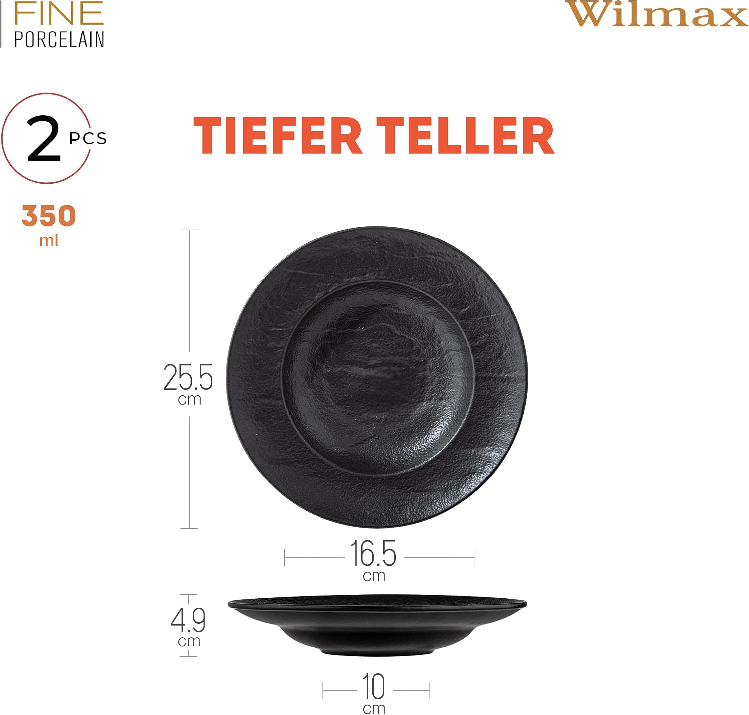 Wilmax Tiefer Teller 25,5 cm 350 ml 2er-Set Schwarz aus Porzellan