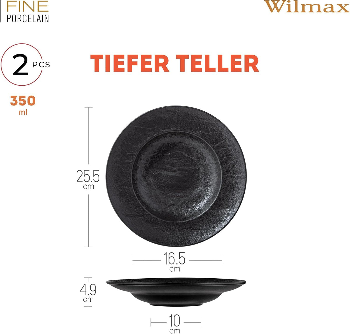 Wilmax Tiefer Teller 25,5 cm 350 ml 2er-Set Schwarz aus Porzellan