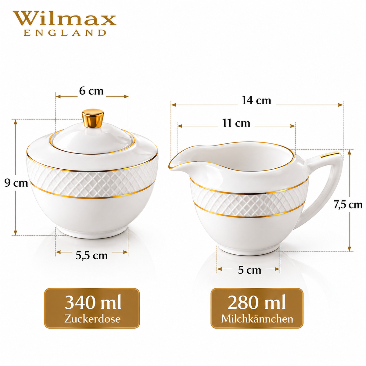 Wilmax Zucker- und Milchkännchen-Set mit Goldrand aus Porzellan 2-teilig
