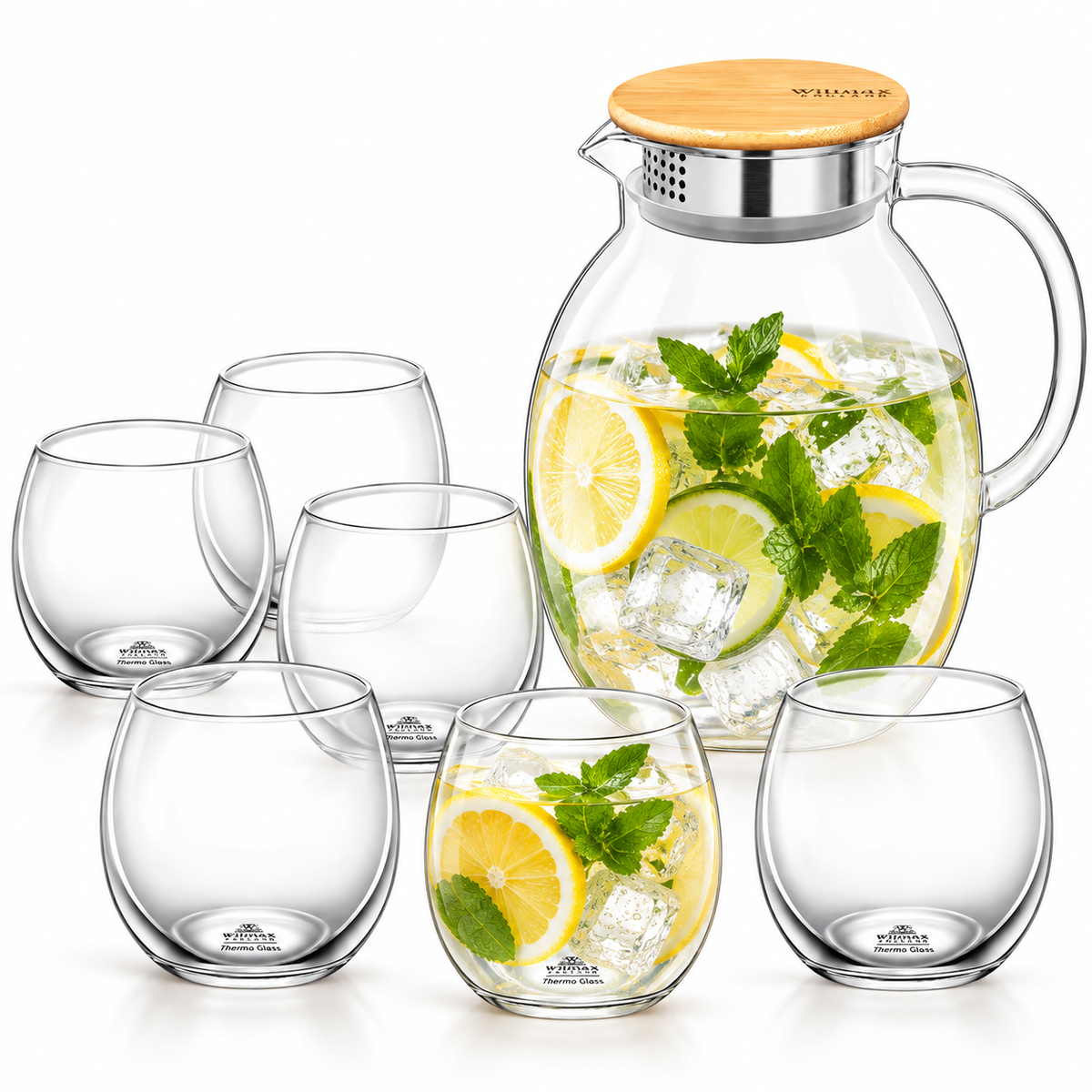 Wilmax Getränkeset 7-teilig mit Krug 2400 ml mit Bambusdeckel und Filter und 6 Thermogläser 530 ml