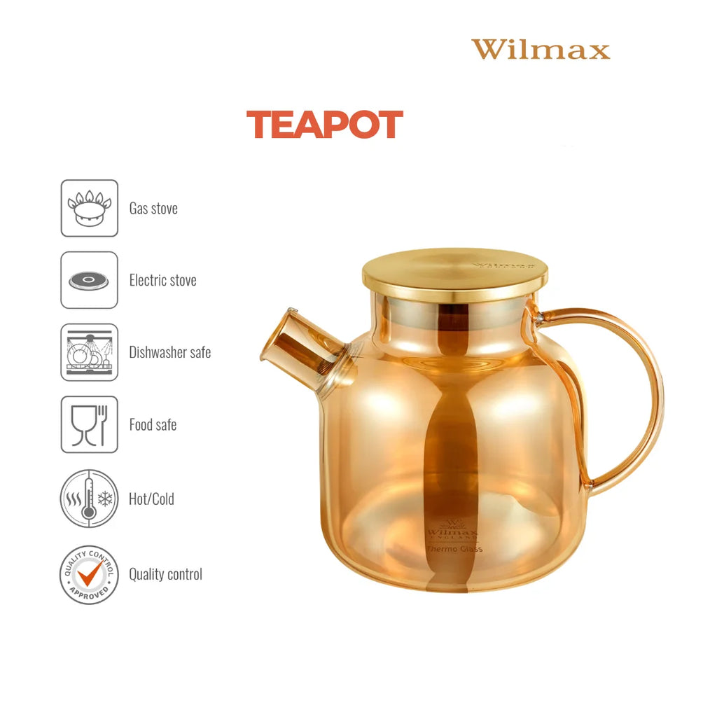 Wilmax Teekanne 1200 ml mit Federfilter und mit Edelstahldeckel Gold aus Thermoglas