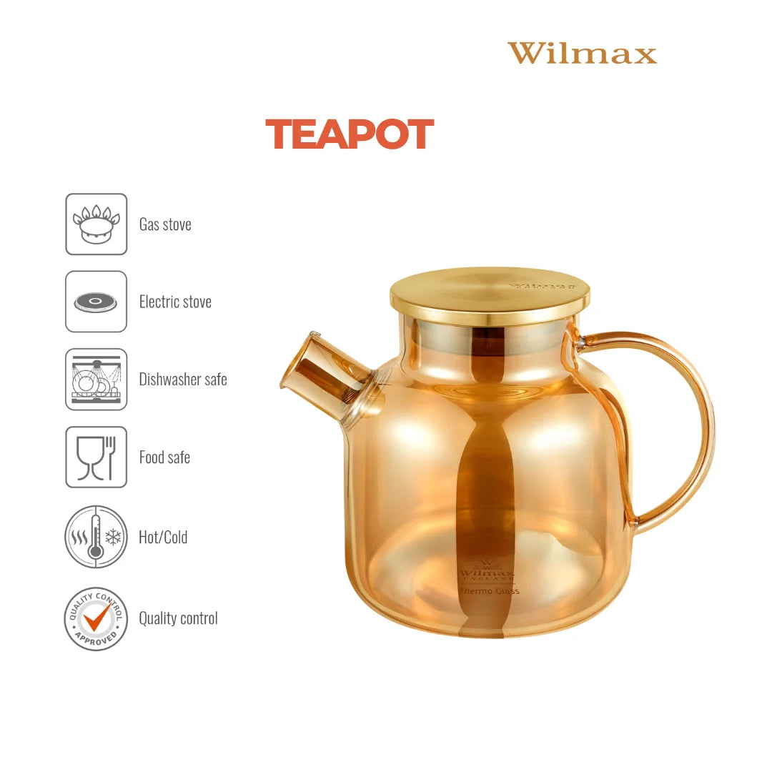 Wilmax Teekanne 1200 ml mit Edelstahldeckel Gold aus Thermoglas