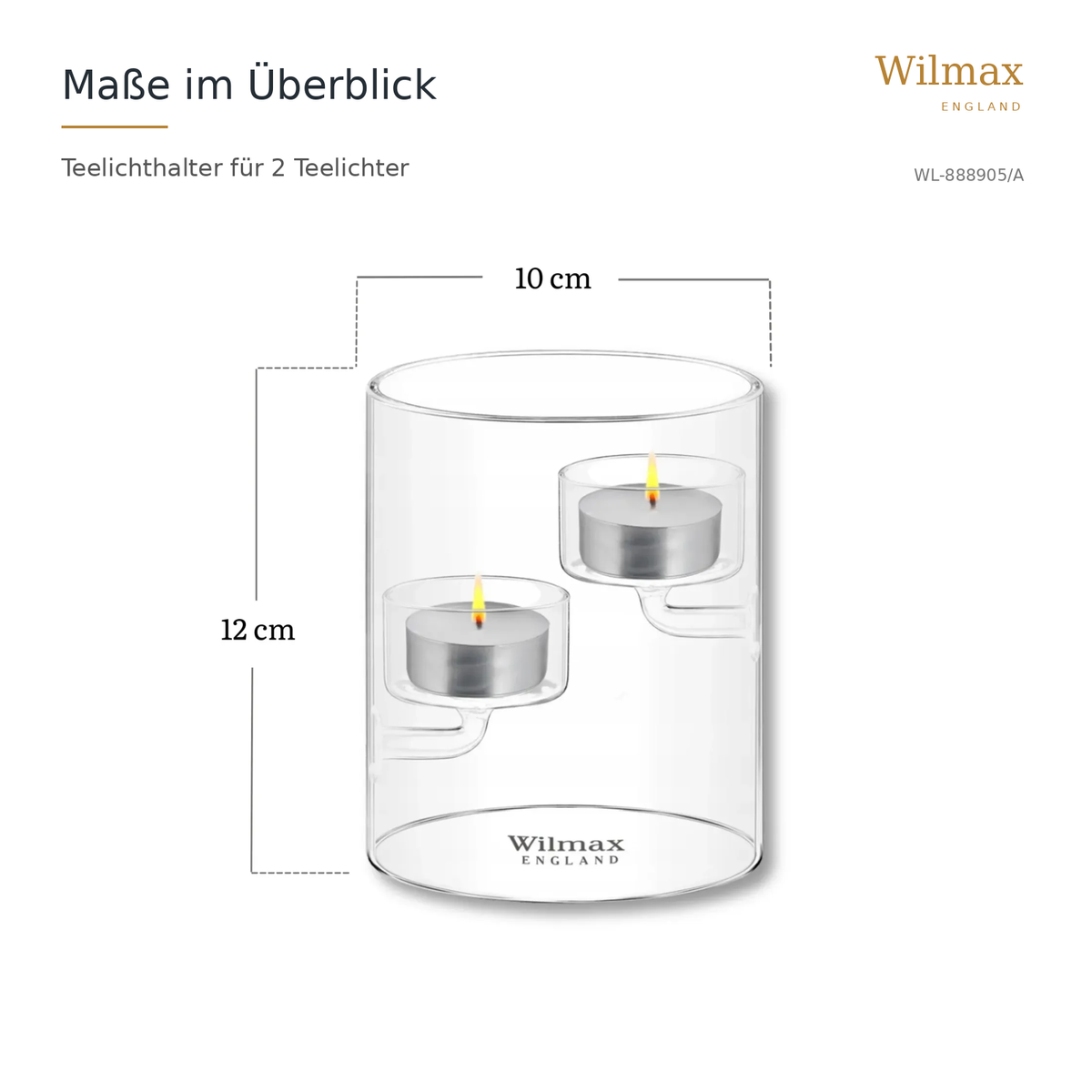 Wilmax Teelichthalter für 2 Teelichter 12 cm Transparent aus Glas