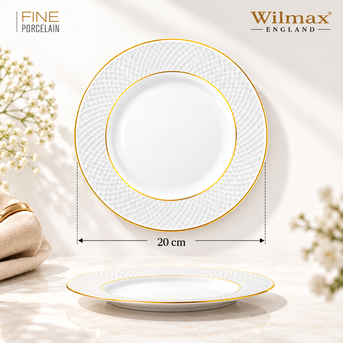 Wilmax Dessertteller 20 cm Weiß mit Goldlinien aus Porzellan