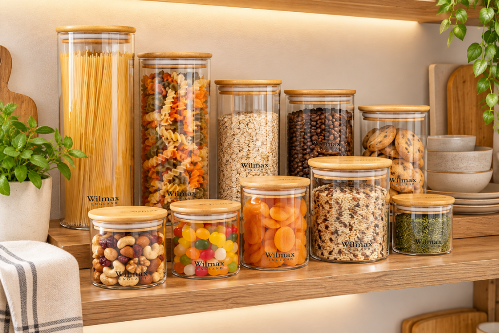 Wilmax Vorratsglas 2000 ml mit Bambusdeckel 2er-Set Transparent