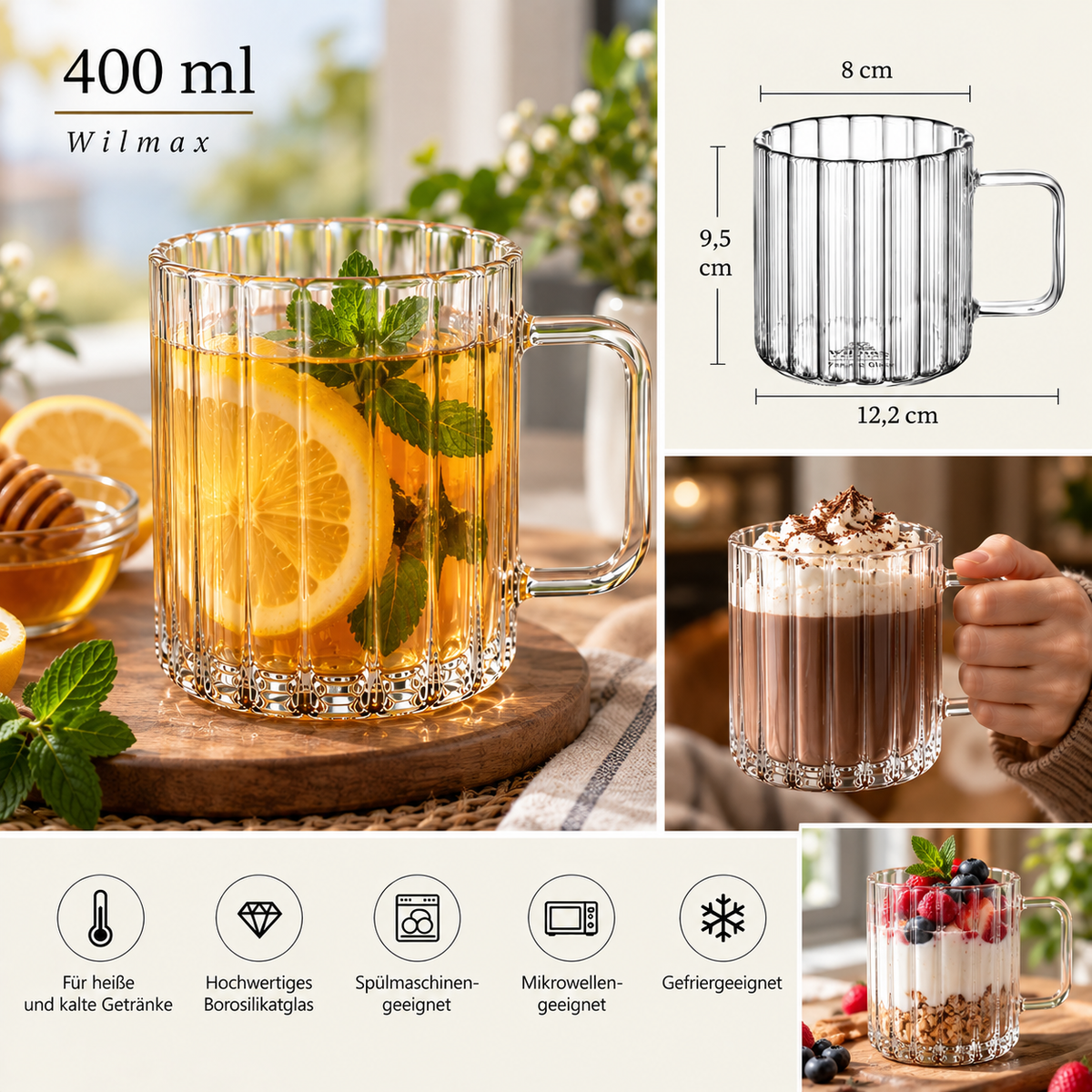 Wilmax Hitzebeständiger Glasbecher mit Henkel 400 ml Transparent aus Glas
