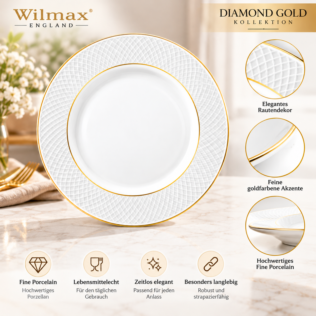 Wilmax Speiseteller 25,5 cm 2er-Set Weiß mit Goldlinien aus Porzellan