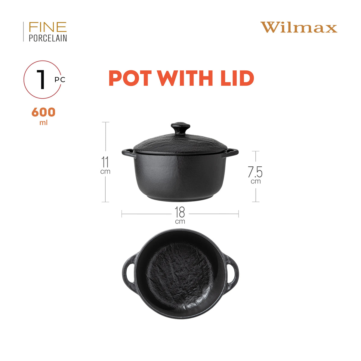 Wilmax Topf mit Deckel 600 ml Schwarz aus Porzellan