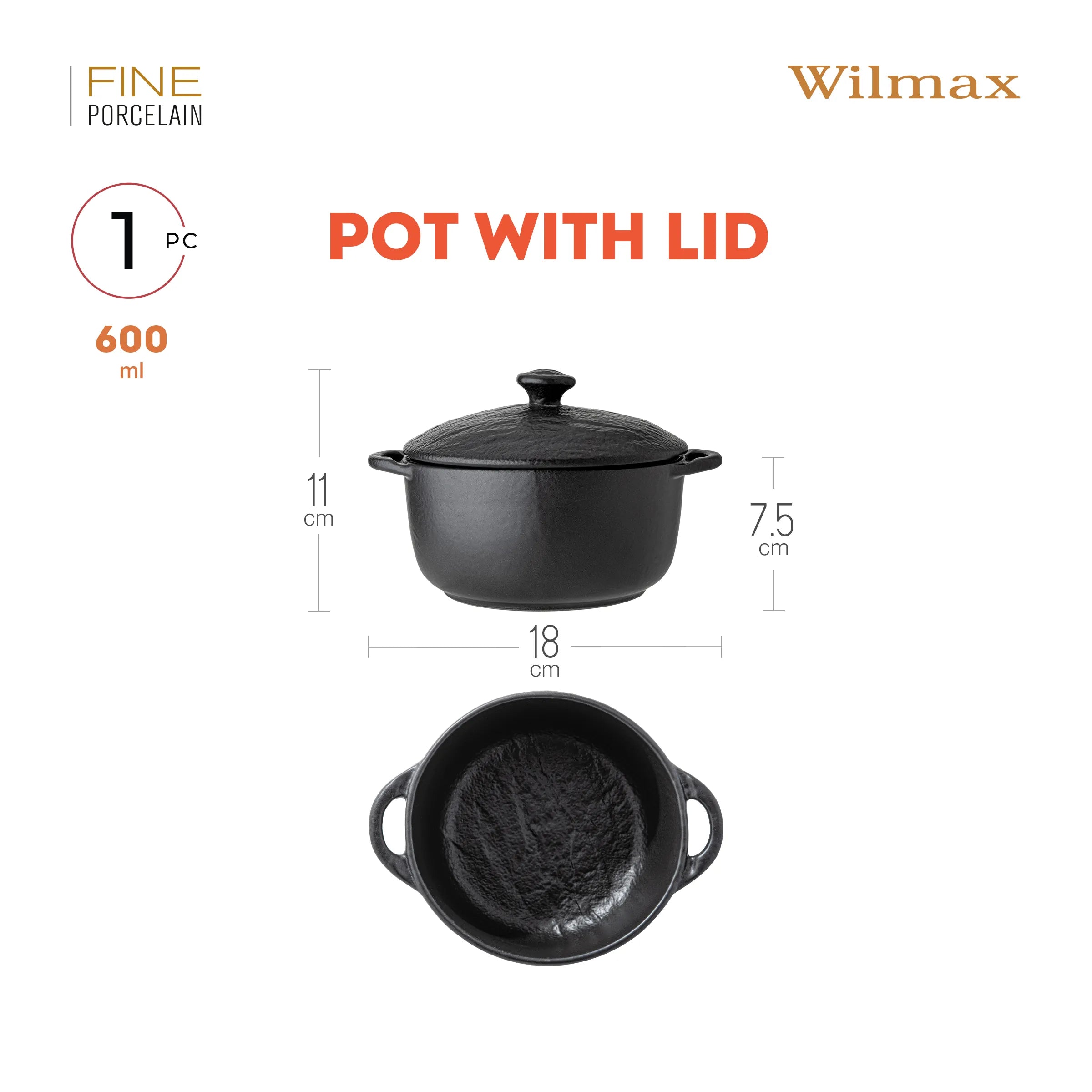 Wilmax Topf mit Deckel 600 ml Schwarz aus Porzellan
