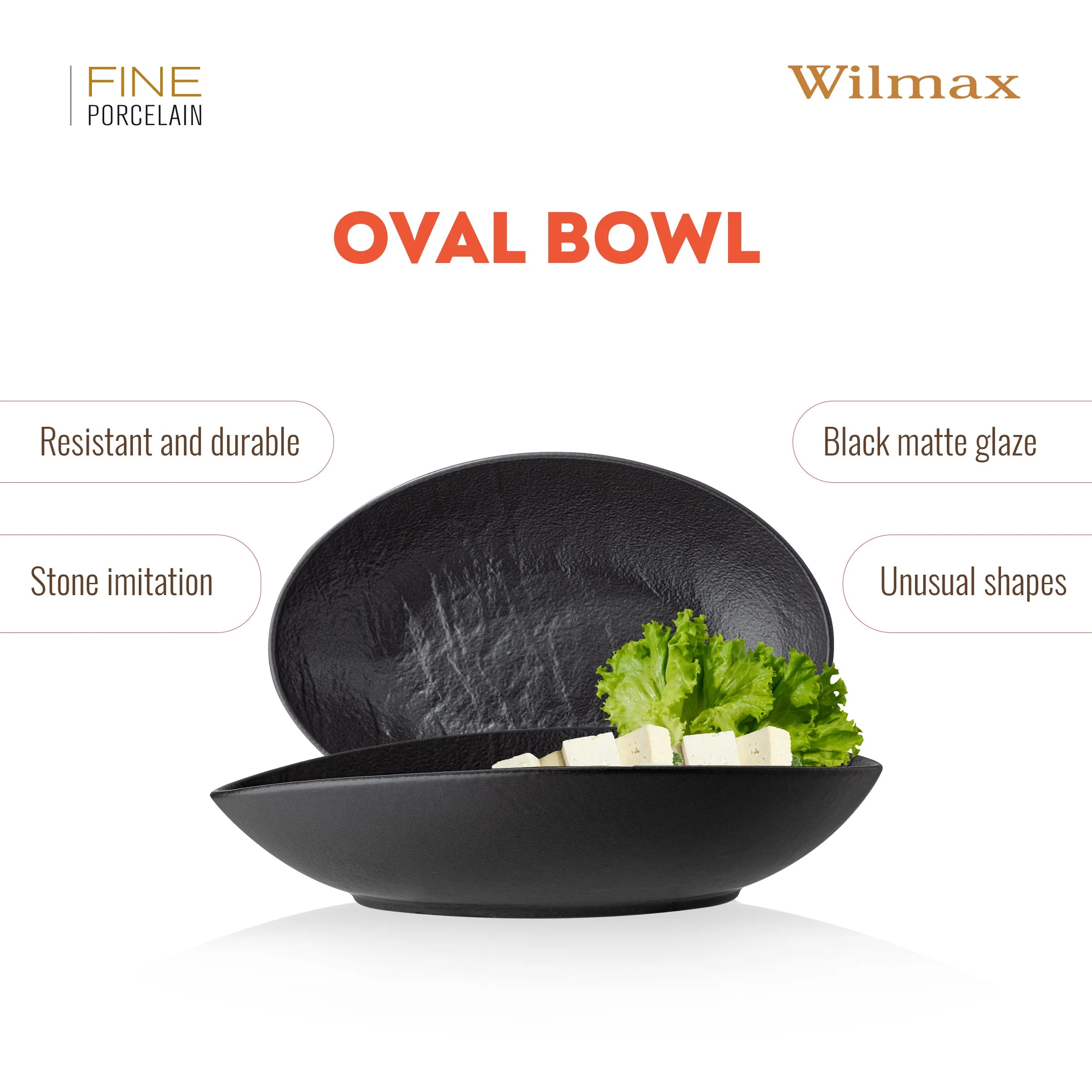 Wilmax Ovale Servierschale 30 × 19,5 × 7 cm Schwarz aus Porzellan