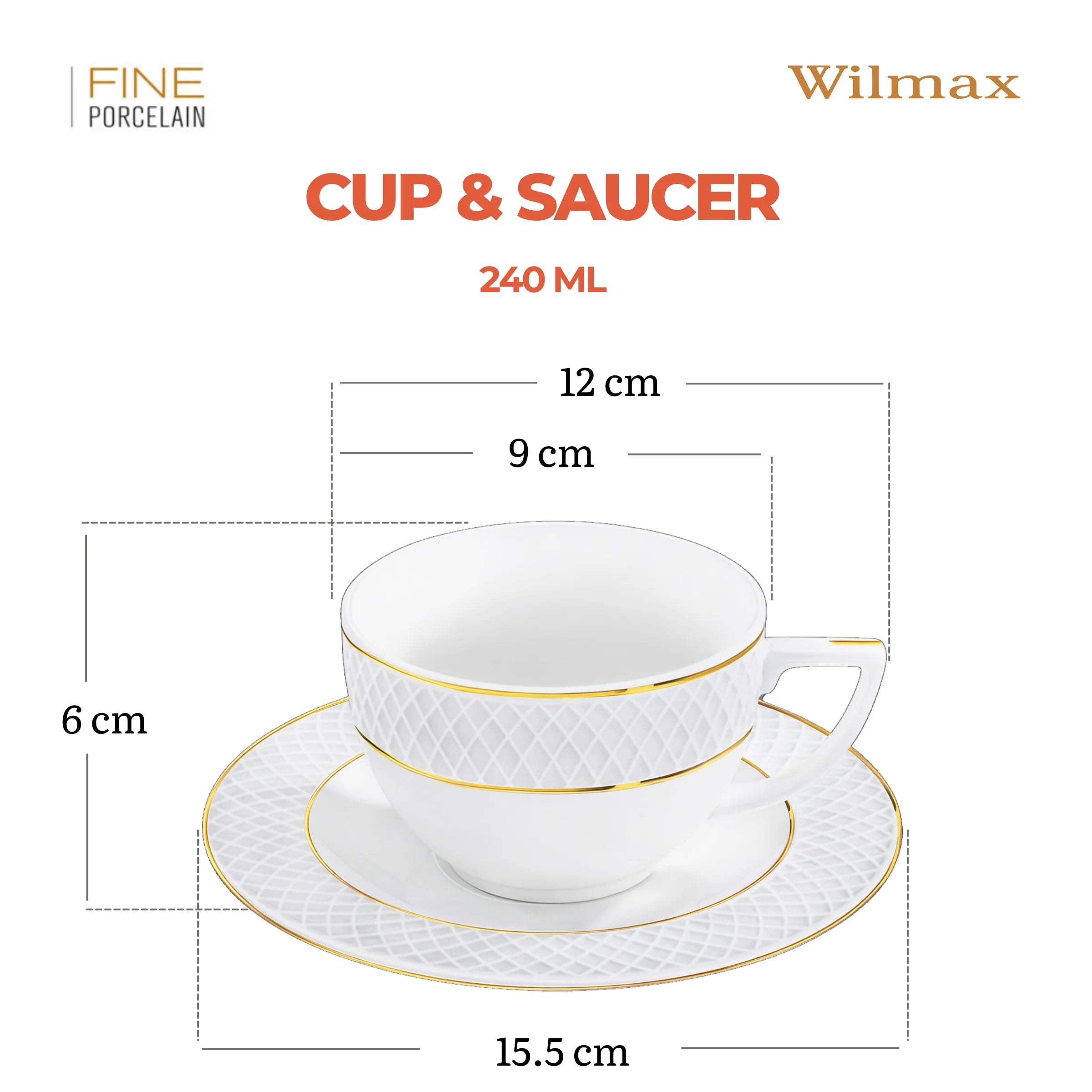 Wilmax Tasse mit Untertasse 240 ml 4er-Set Weiß mit goldfarbenem Dekor aus Porzellan