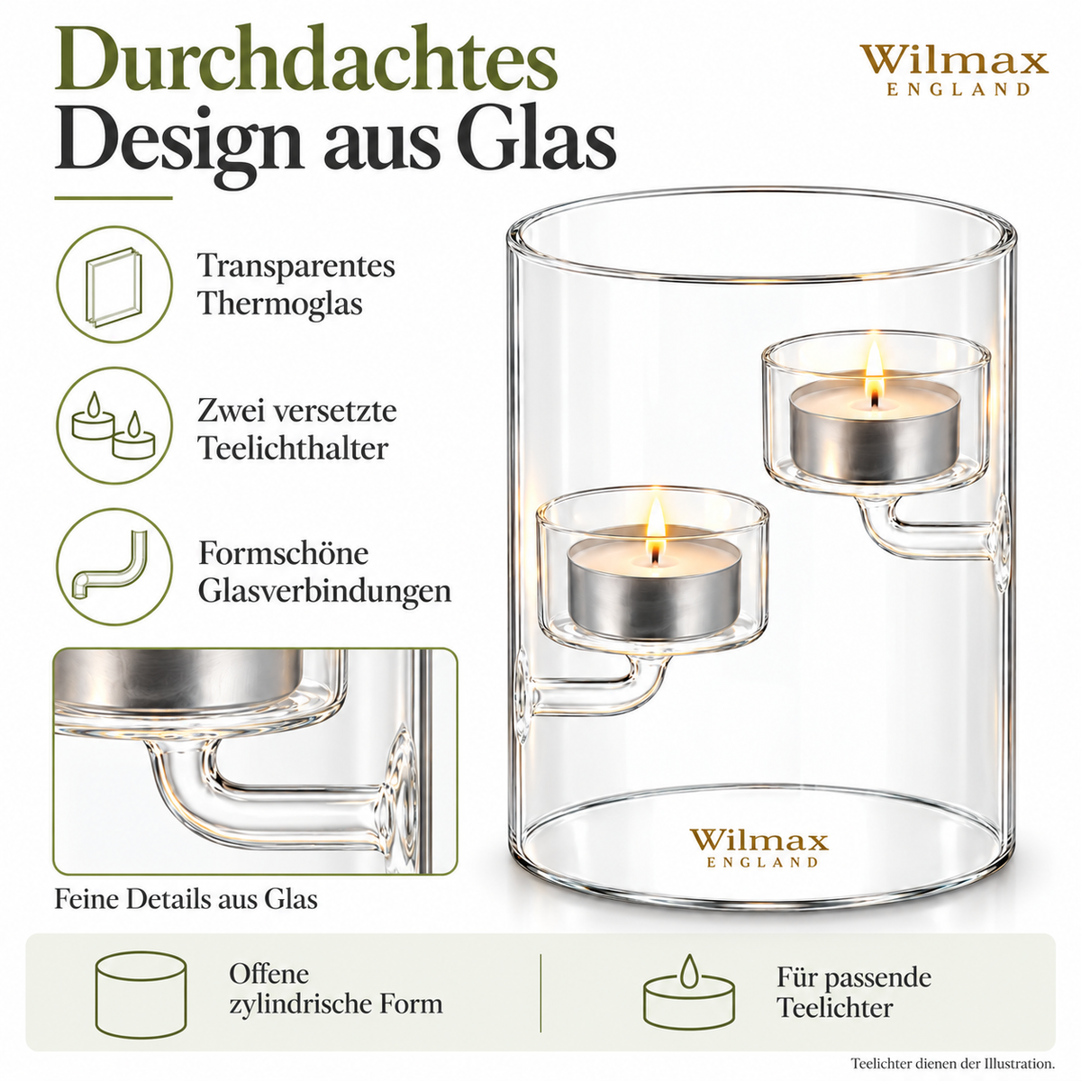 Wilmax Teelichthalter für 2 Teelichter 12 cm Transparent aus Glas
