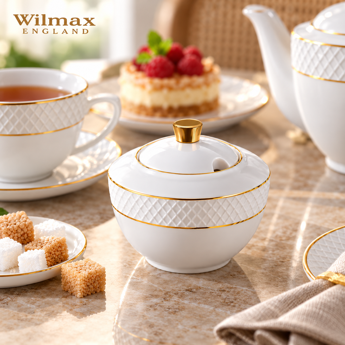 Wilmax Zuckerdose 340 ml Weiß mit Golddekor aus Porzellan