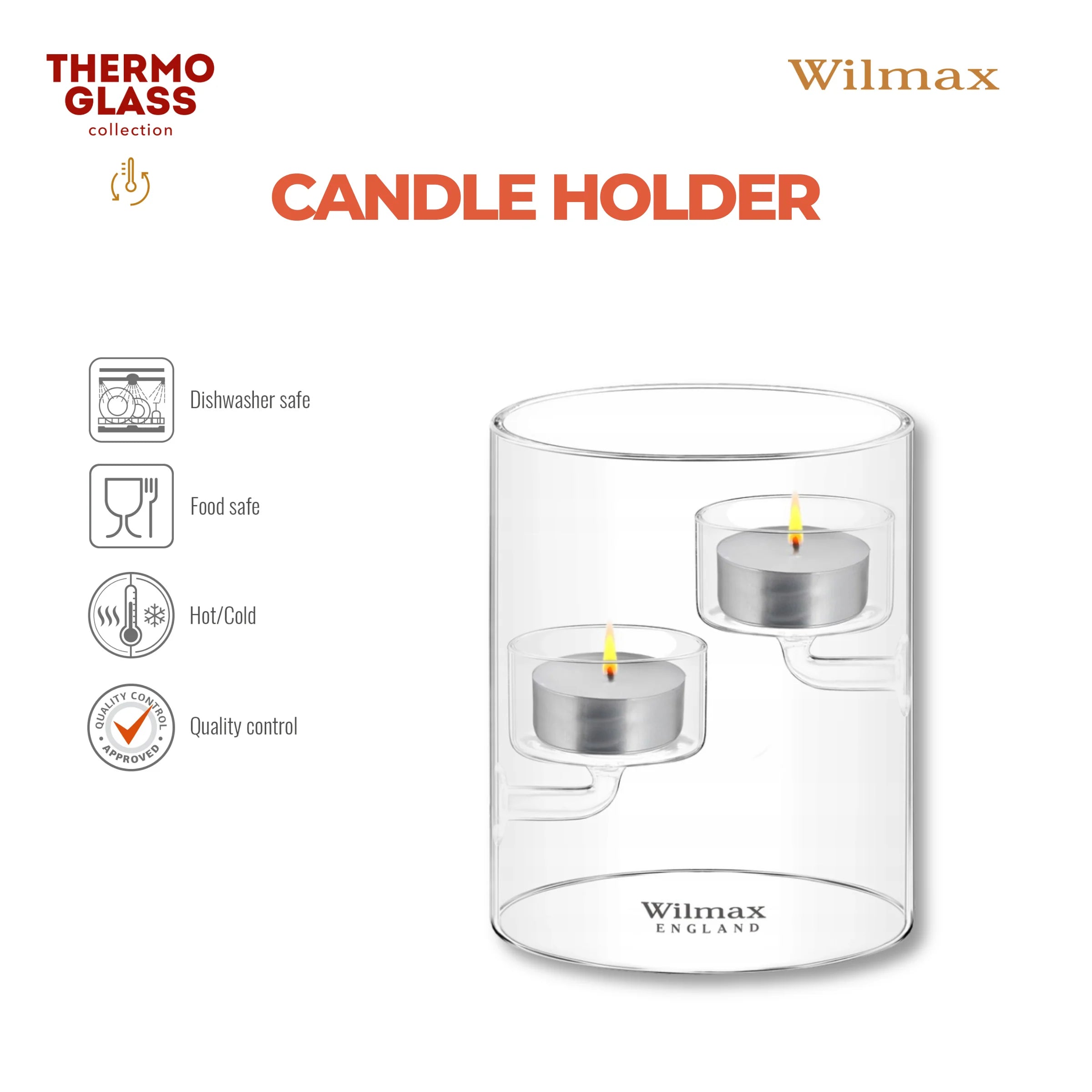 Wilmax Teelichthalter für 2 Teelichter 12 cm Transparent aus Glas