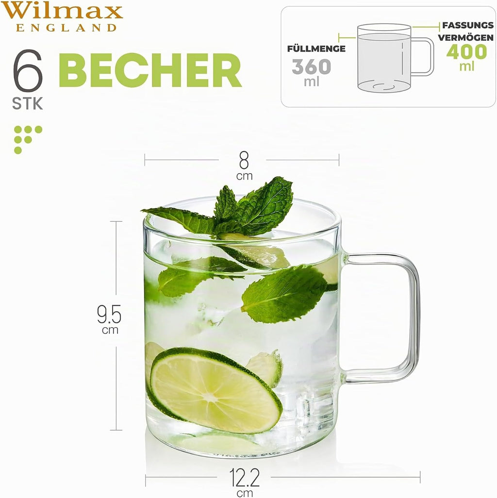 Wilmax Kaffeetasse 400 ml 6er-Set Transparent aus Borosilikatglas