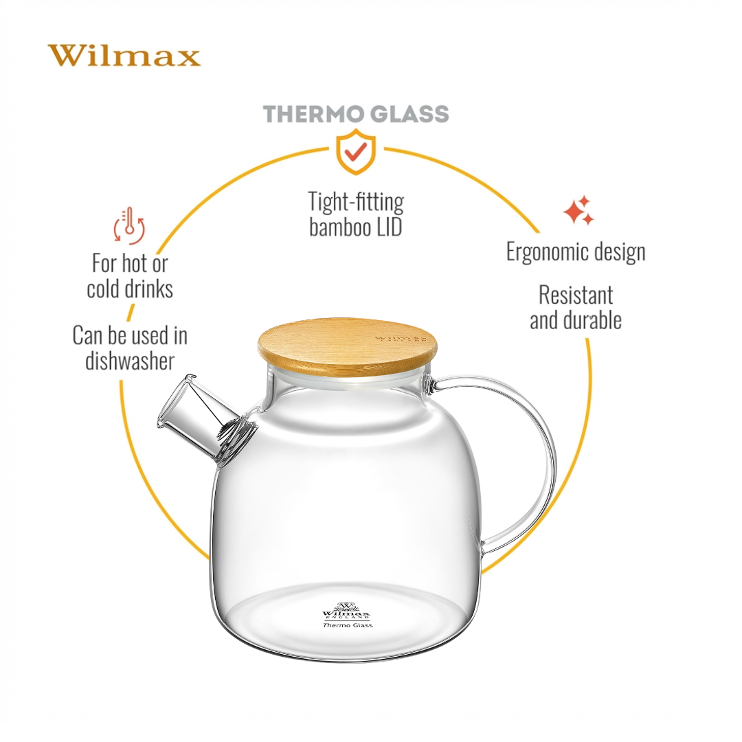 Wilmax Teekanne 1200 ml mit Bambusdeckel Transparent aus Thermoglas