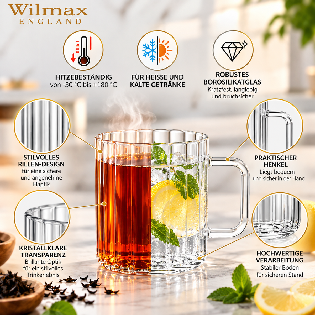 Wilmax Hitzebeständiger Glasbecher mit Henkel 200 ml Transparent aus Glas