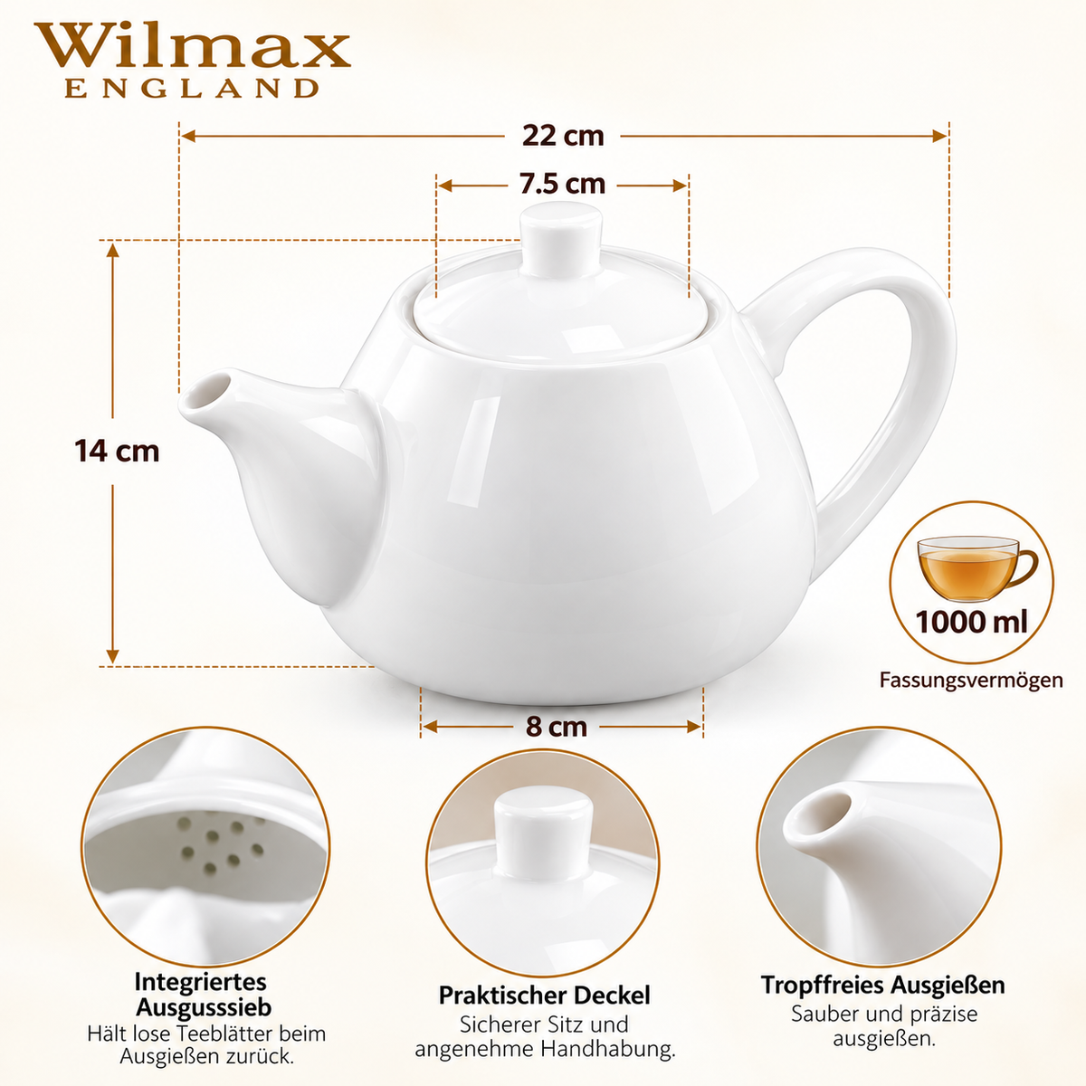 Wilmax Kaffee- und Teekanne mit integriertem Ausgusssieb 1000 ml Weiß aus Porzellan