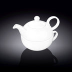 Wilmax Kaffee- und Teekanne mit integriertem Ausgusssieb mit Tasse 375 ml und 340 ml Weiß aus Porzellan