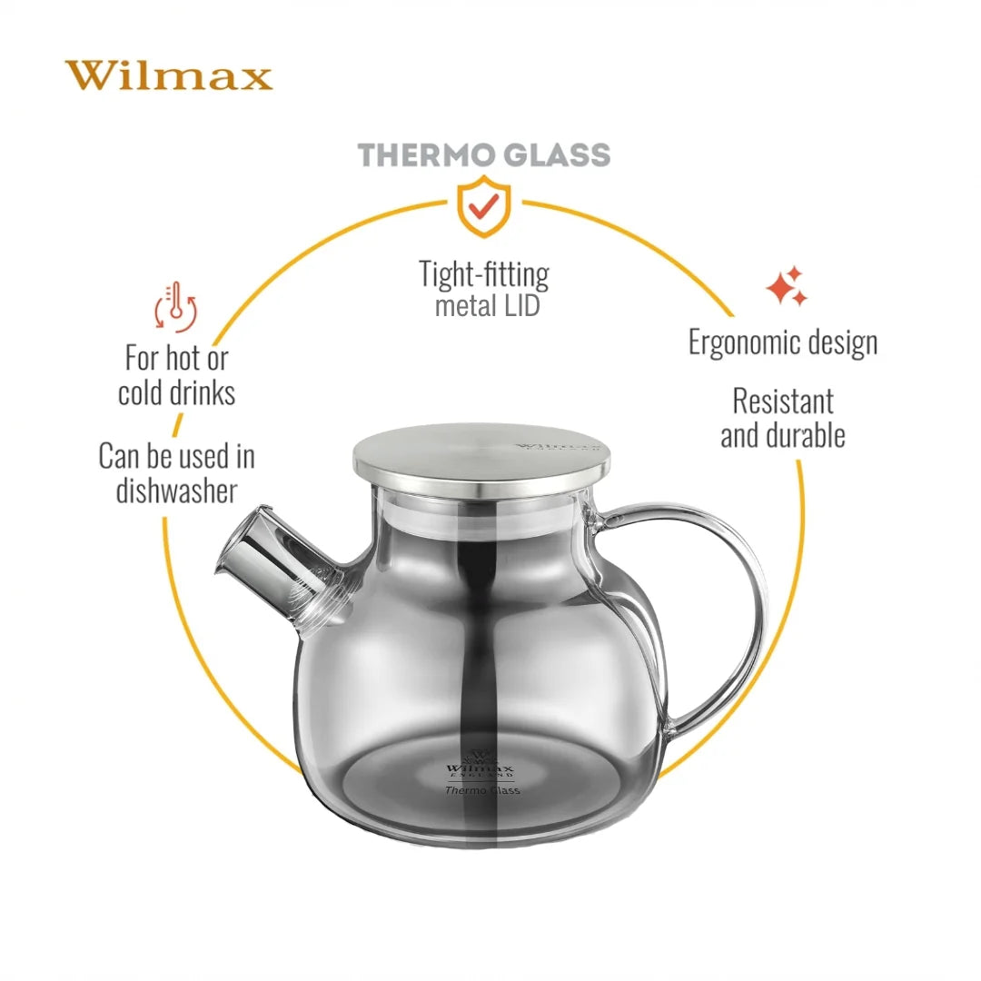 Wilmax Teekanne 950 ml mit Federfilter und mit Edelstahldeckel Grau aus Thermoglas