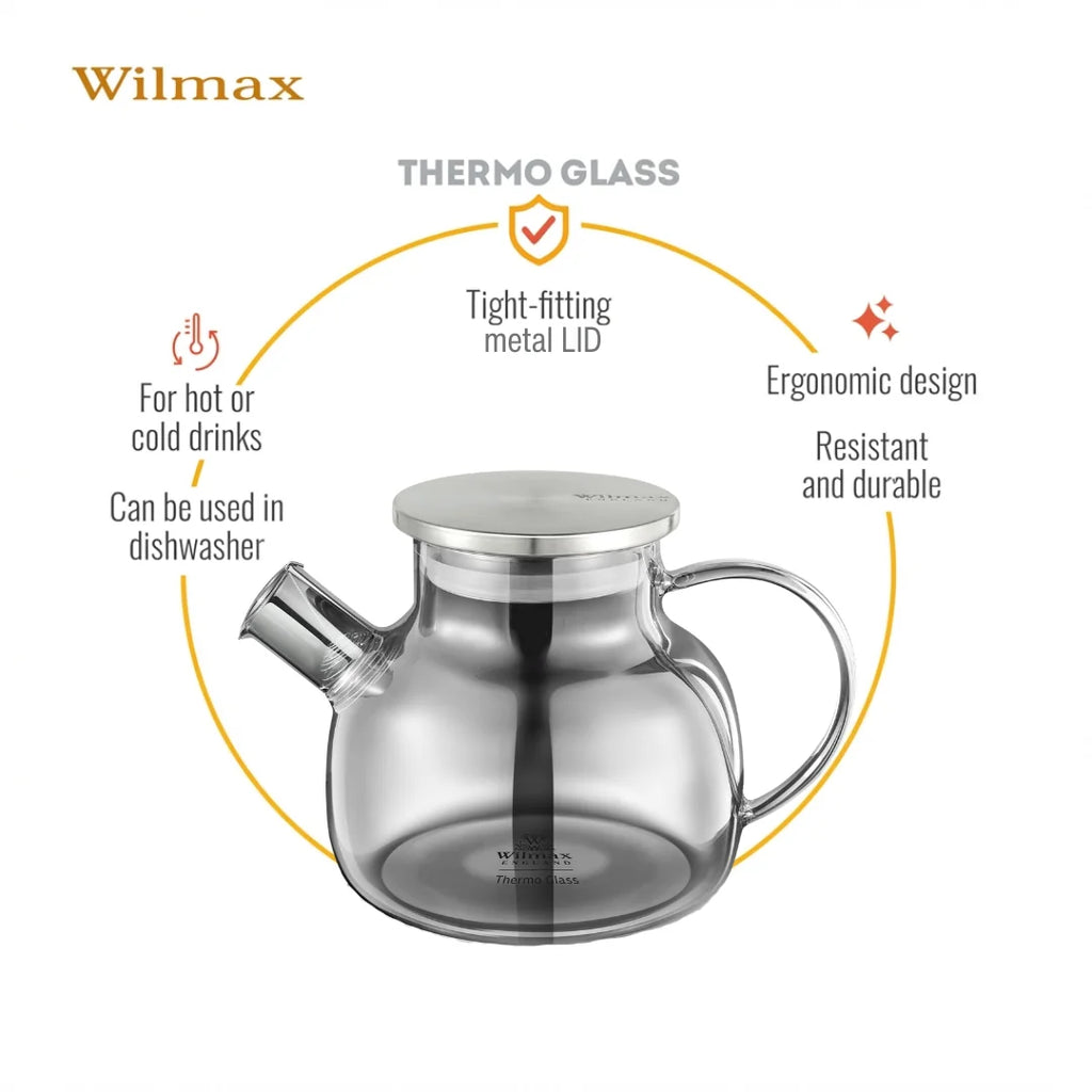 Wilmax Teekanne 950 ml mit Federfilter und mit Edelstahldeckel Grau aus Thermoglas
