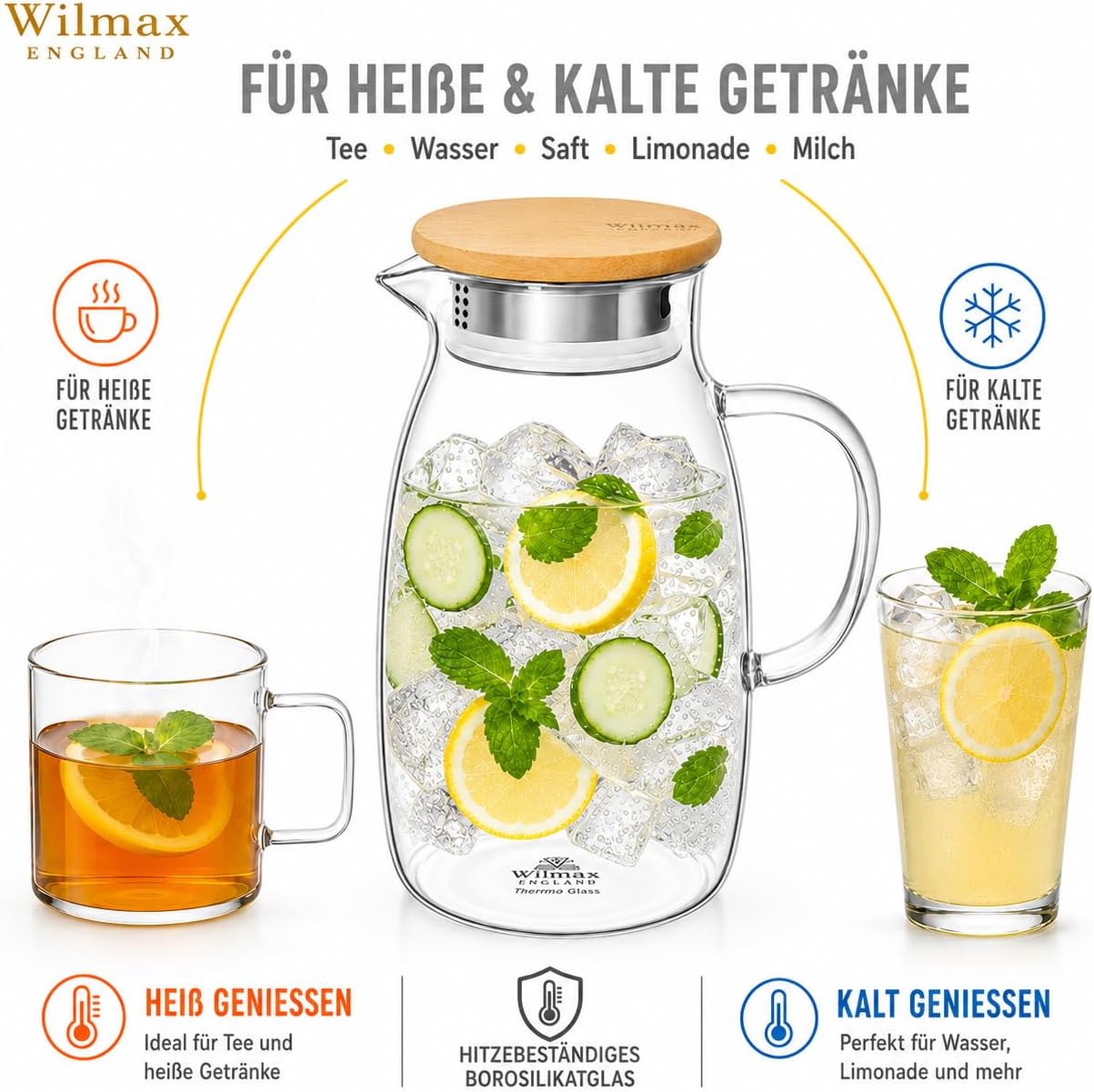 Wilmax Krug 1500 ml mit Bambusdeckel und Filter Transparent aus Thermoglas