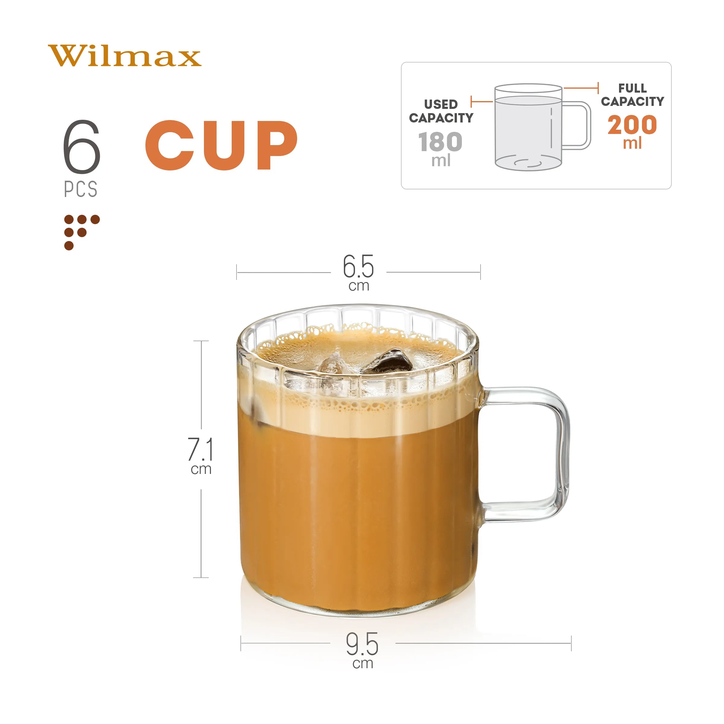 Wilmax Hitzebeständiger Glasbecher mit Henkel 200 ml 6er-Set aus Glas