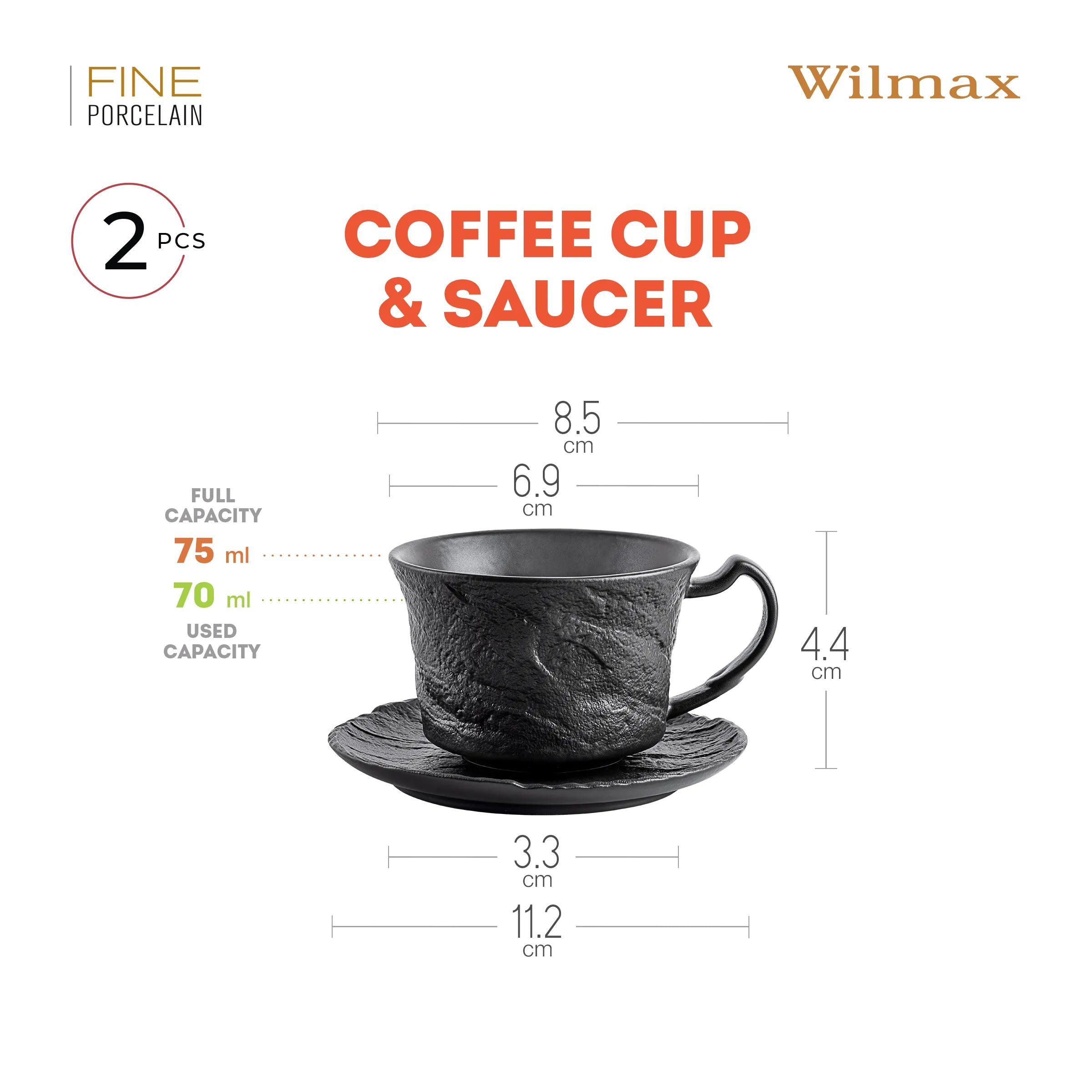 Wilmax Espressotasse mit Untertasse 75 ml 2er-Set Schwarz aus Porzellan