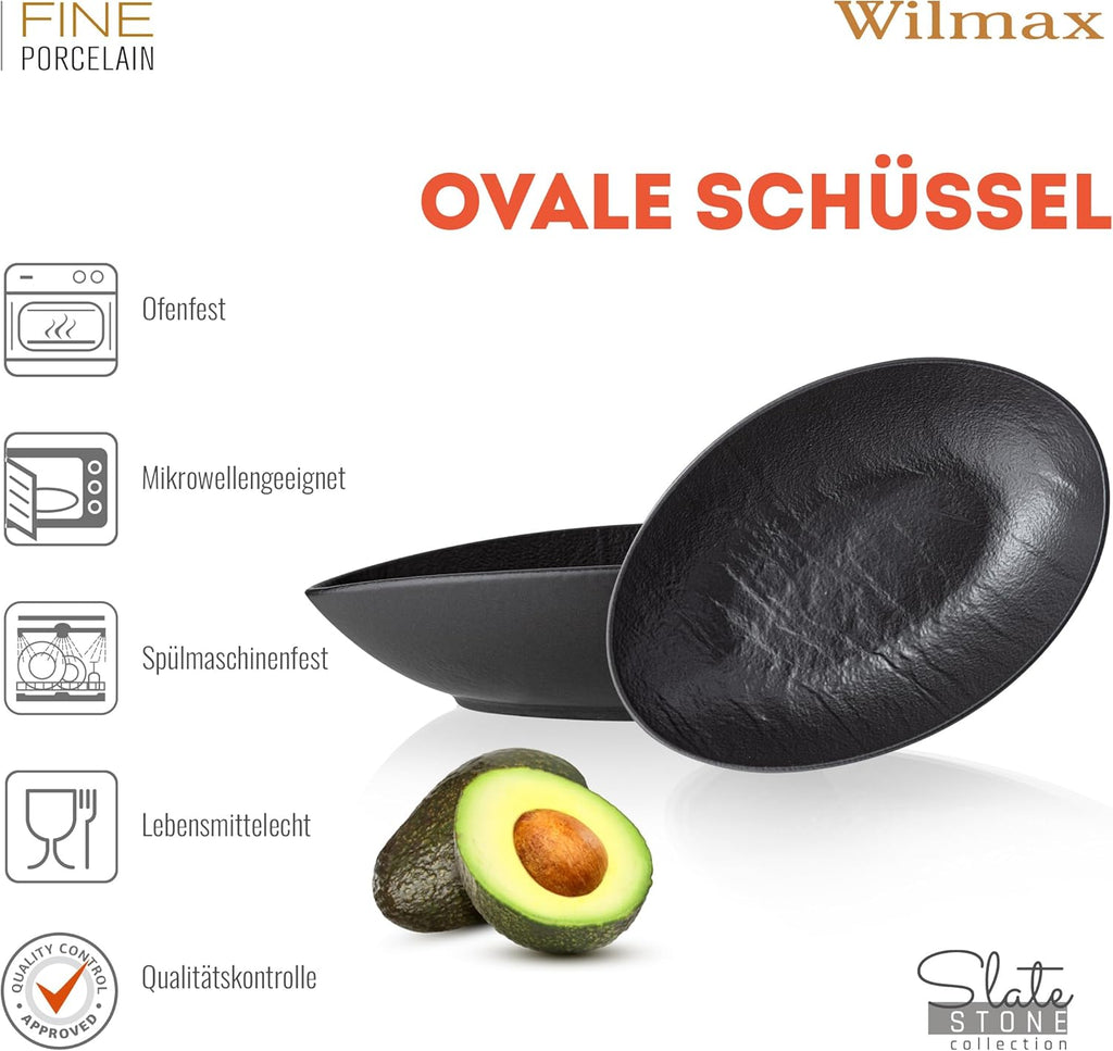 Wilmax Ovale Servierschale 25 × 16,5 × 6 cm 2er-Set Schwarz aus Porzellan