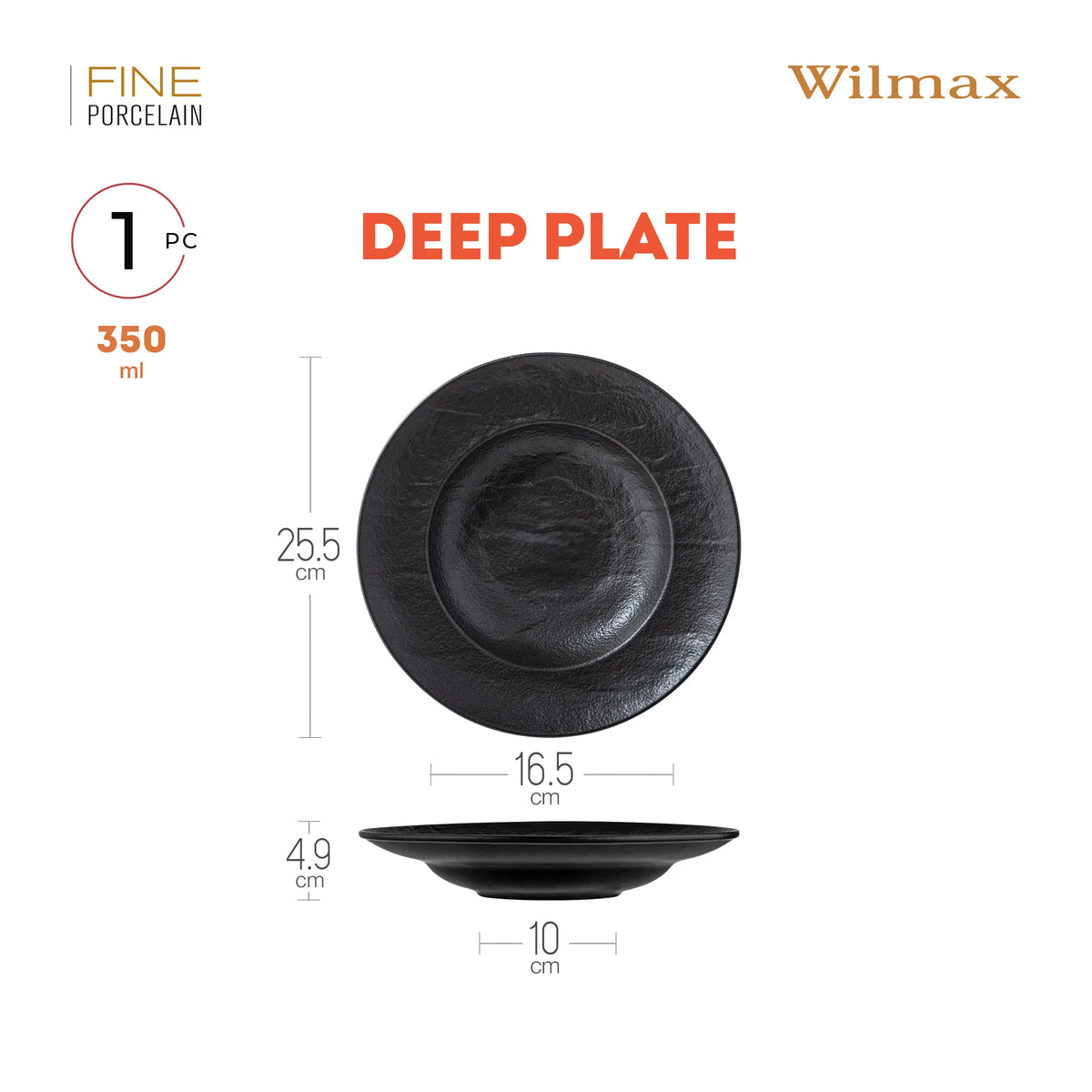 Wilmax Tiefer Teller 25,5 cm 350 ml Schwarz aus Porzellan