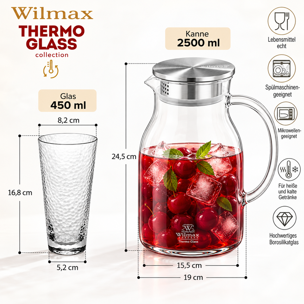 Wilmax Getränkeset 7-teilig mit Krug 2500 ml mit Edelstahldeckel und Filter und 6 gehämmerte Trinkgläser 450 ml