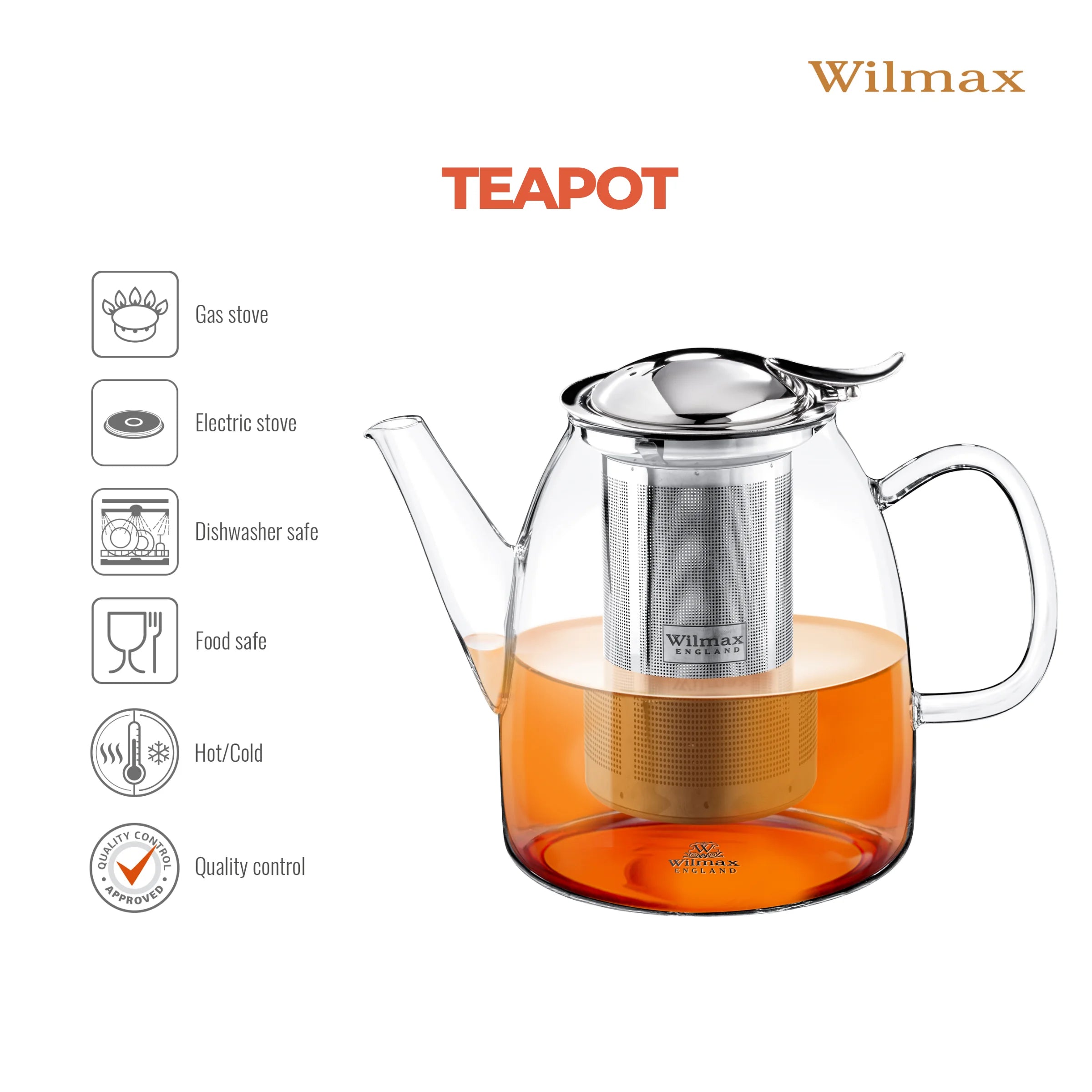 Wilmax Teekanne 1450 ml mit Edelstahlfilter Transparent aus Thermoglas