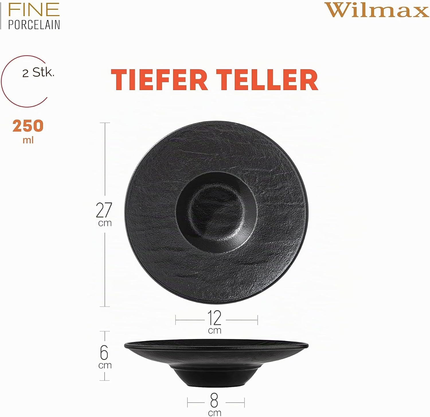 Wilmax Tiefer Teller 27 cm 250 ml 2er-Set Schwarz aus Porzellan