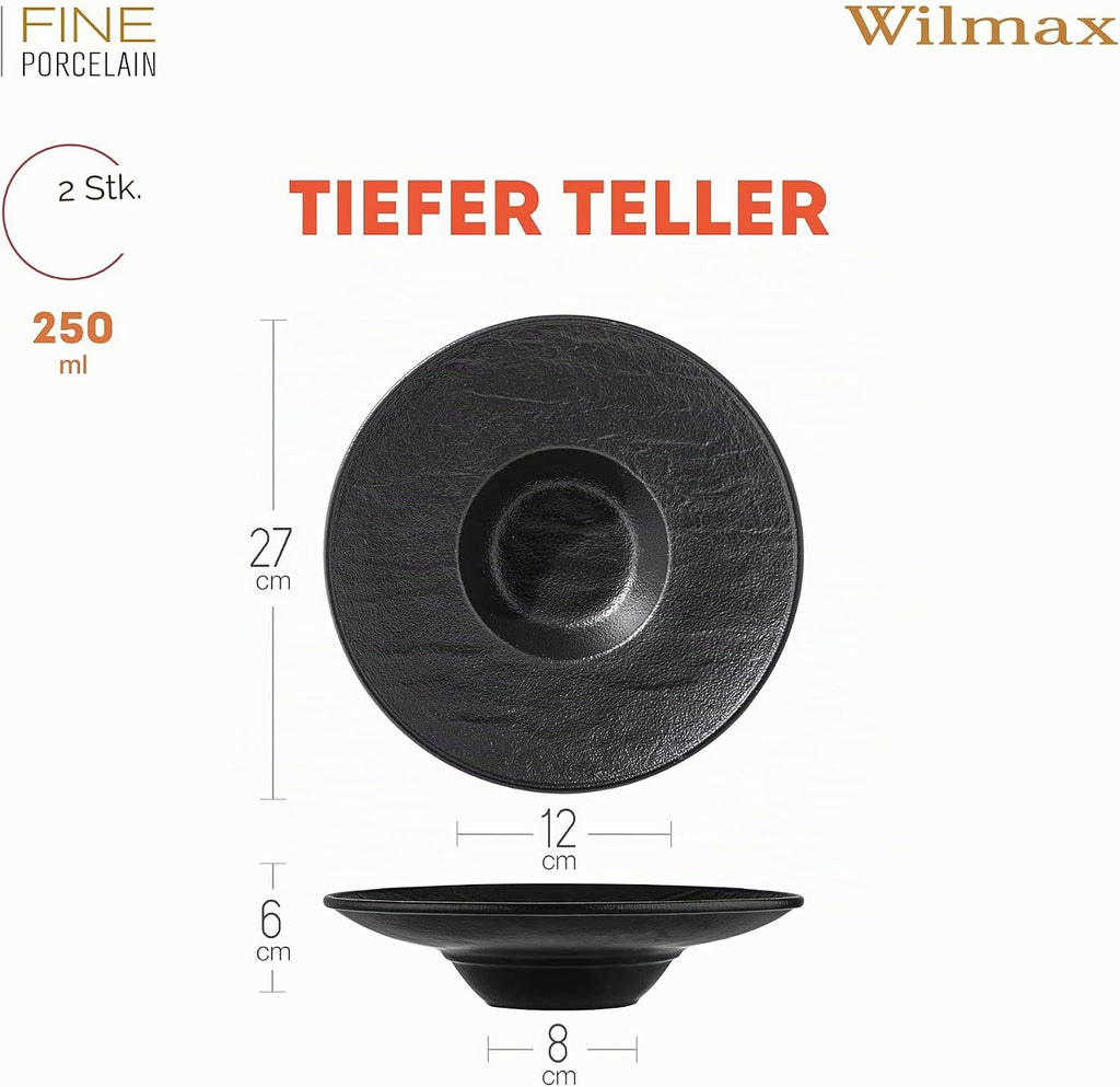 Wilmax Tiefer Teller 27 cm 250 ml 2er-Set Schwarz aus Porzellan