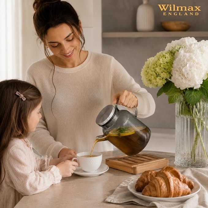 Wilmax Teekanne 1600 ml mit Federfilter und mit Edelstahldeckel Rauchgrau aus Thermoglas