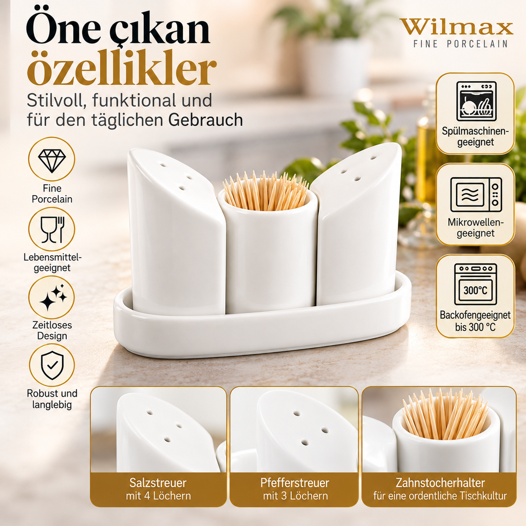Wilmax Salz- und Pfefferstreuer-Set mit Tablett Weiß aus Porzellan