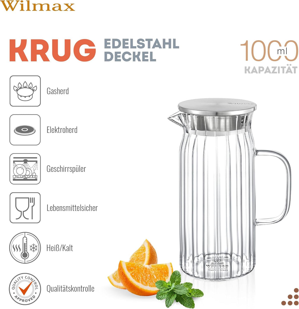 Wilmax Krug 1000 ml mit Edelstahldeckel Transparent aus Thermoglas