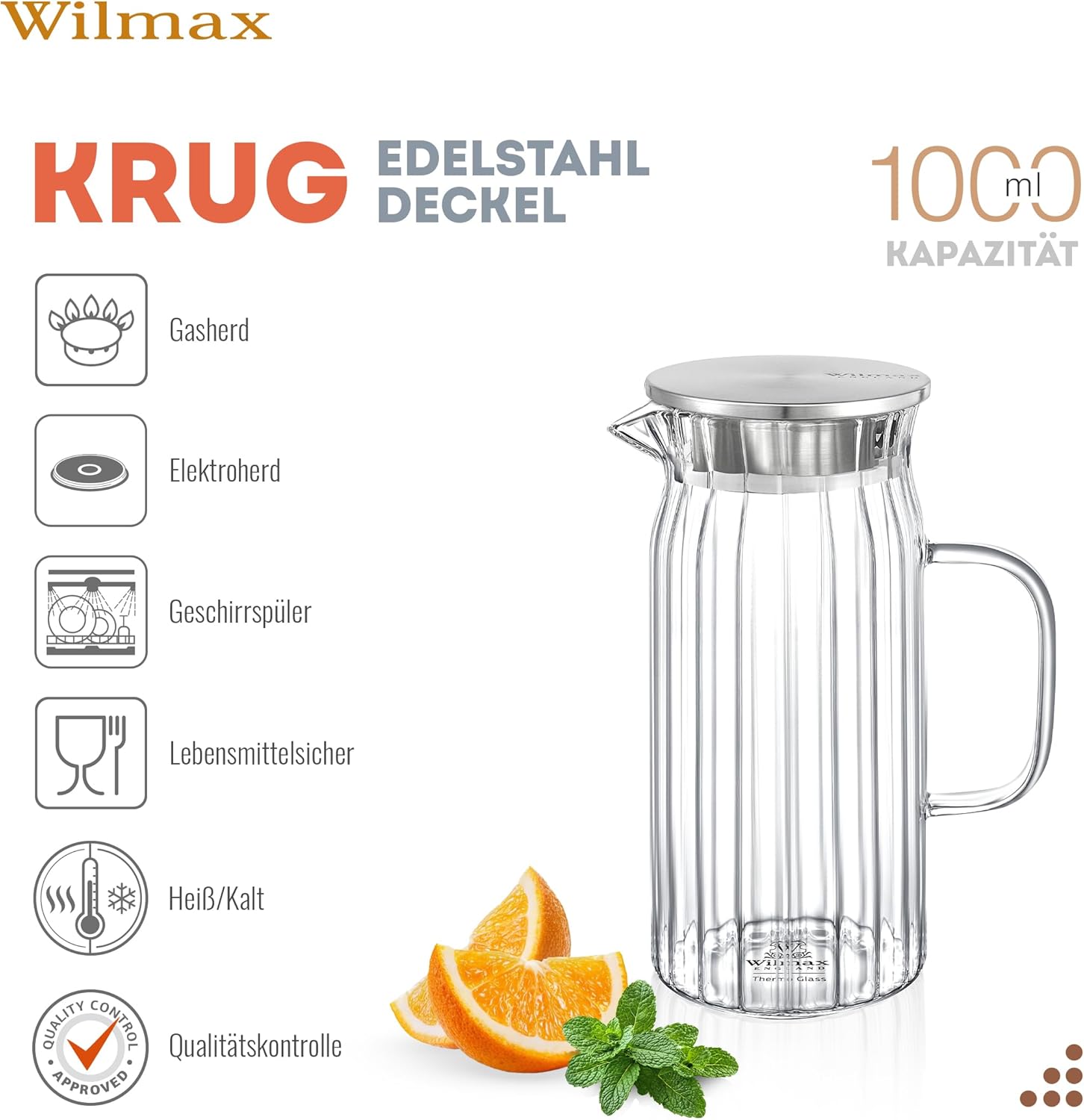 Wilmax Krug 1000 ml mit Edelstahldeckel Transparent aus Thermoglas