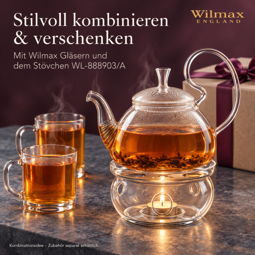 Wilmax Teekanne 800 ml mit Federfilter und Glasdeckel Transparent aus Thermoglas