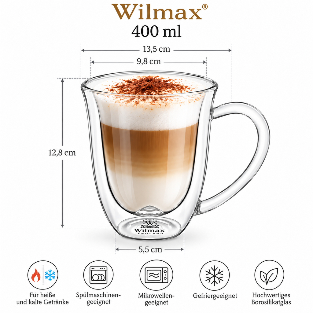 Wilmax Doppelwandiger Becher 400 ml 6er-Set Transparent