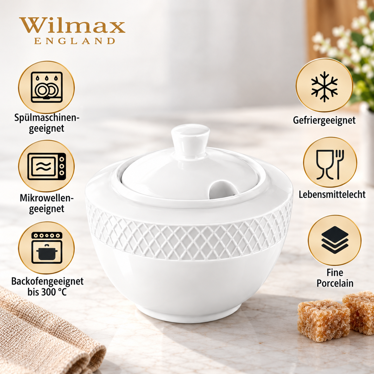 Wilmax Zuckerdose 340 ml Weiß aus Porzellan