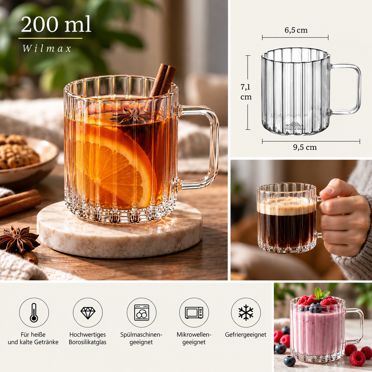 Wilmax Hitzebeständiger Glasbecher mit Henkel 200 ml Transparent aus Glas