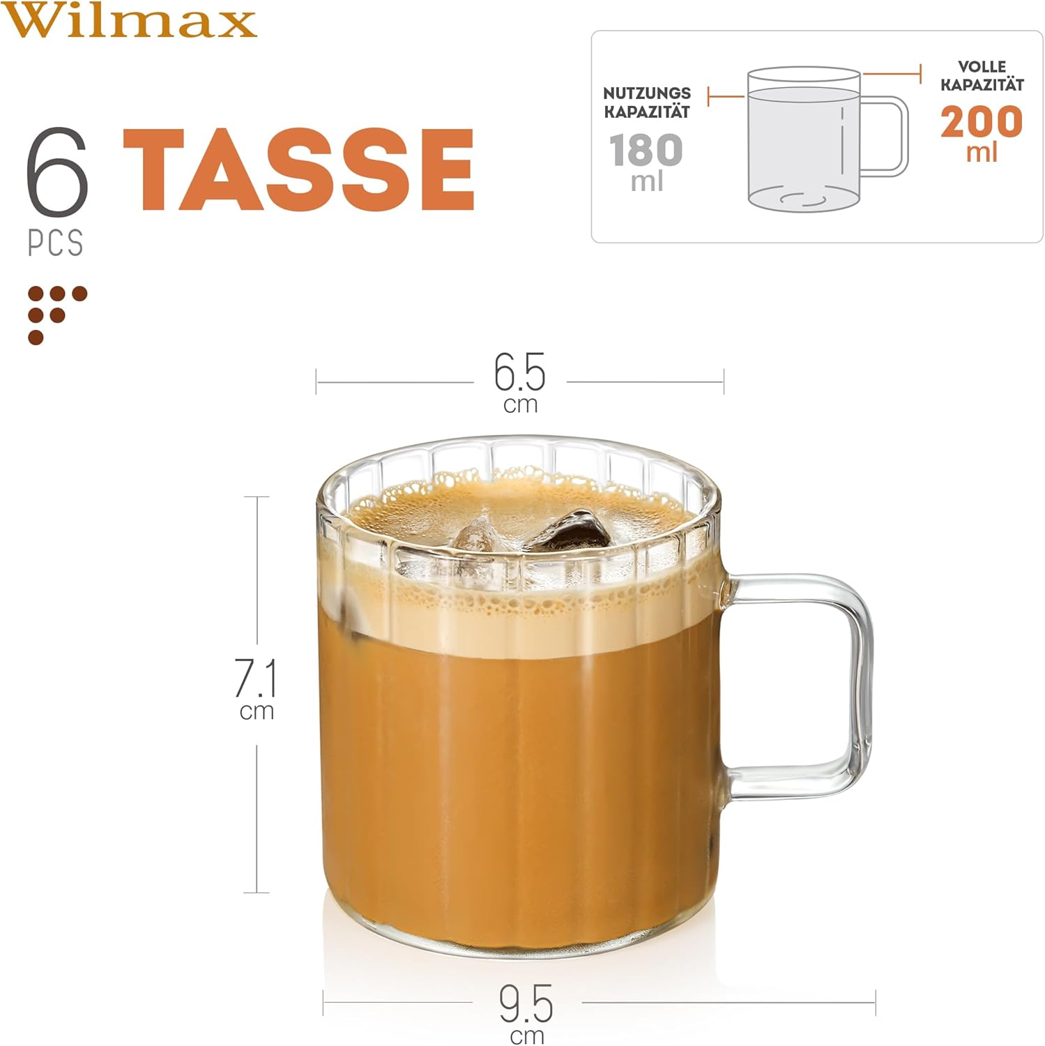 Wilmax Hitzebeständiger Glasbecher mit Henkel 200 ml Transparent aus Glas