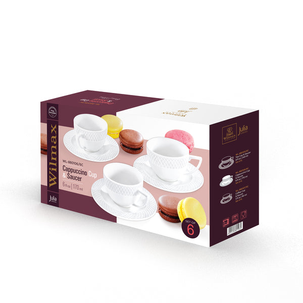Wilmax Cappuccinotasse mit Untertasse 170 ml 6er-Set Weiß aus Porzellan