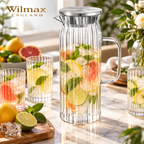 Wilmax Krug 1500 ml mit Edelstahldeckel Transparent aus Thermoglas
