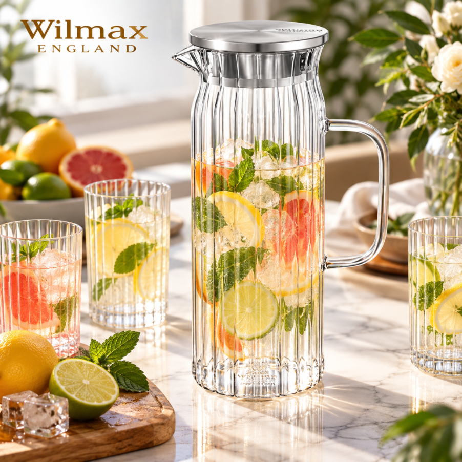 Wilmax Krug 1500 ml mit Edelstahldeckel Transparent aus Thermoglas